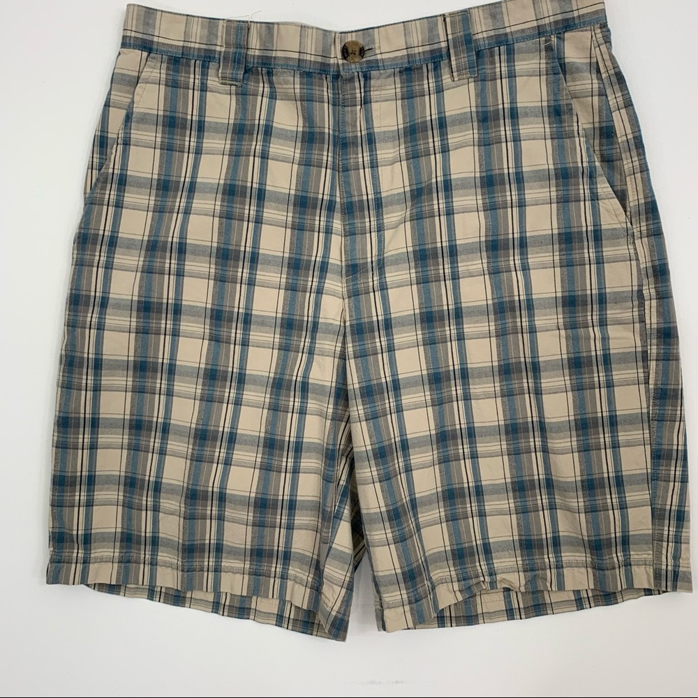Columbia 34 plaid shorts blue gray tan
